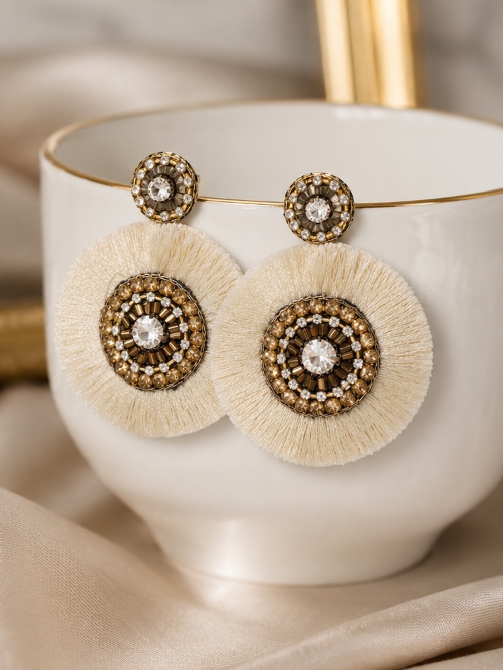 Boho Cream Fringe Disc Earrings with Gold Beaded Accents - Picture 3 of 4